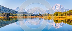 View and reflection of the Teton Range from Oxbow Bend on Snake