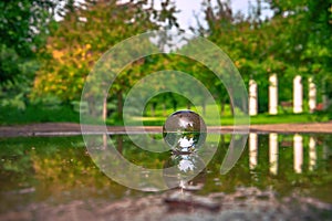 Summer Lensball Reflections In A Puddle