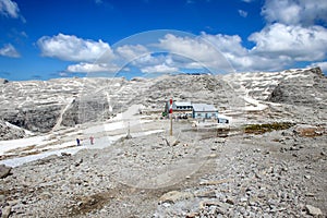 View of refuge, `Rifugio Piz BoÃ¨` on Sass Pordoi trail, Dolomites, Italy