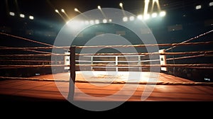 View of a regular boxing ring surrounded by blue ropes spotlit by a spotlight.