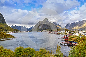 View of Reine with mountain and sky, Lofoten Island, Moskenesoya, Norway