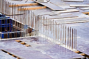 View of reinforcement carcass made of fitness at construction site