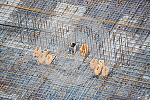 View of reinforcement carcass made of fitness at construction site