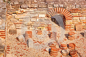 View of remains hypocaust, the heating system in the thermae ruins of the ancient Roman Odessos, in the city of Varna