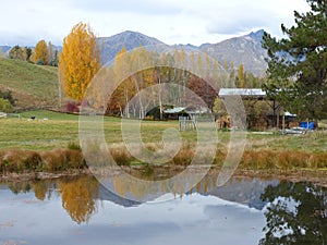 View of Remarkable Mountains and pond reflection in Autumn, New Zealand