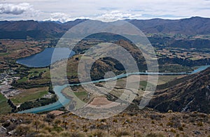 A view from the Remarkables at the landscape with the Kawarau River near Queenstown in New Zealand