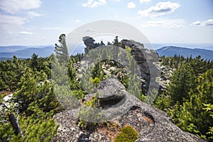 View from the remnants pillars on Mount Zelenaya in Sheregesh, Russia