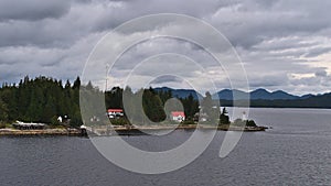 View of remote Dryad Point Light House near Bella Bella on Campbell Island, Canada at the Lama Passage, part of Inside passage.