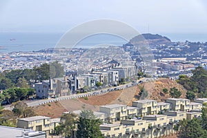 View of a residential area in a high angle view with an apartment complex in San Francisco, CA