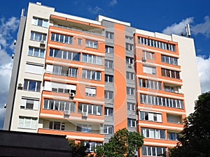 View of residential blocks of flats. Apartment building thermally insulated and renovated. Buildings energy efficiency.