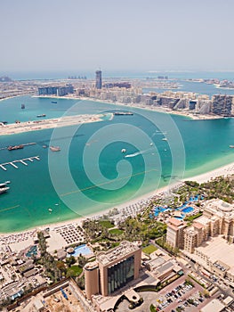 View on residential buildings on Palm Jumeirah island. The Palm Jumeirah is an artificial archipelago in Dubai emirate.