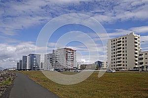 View of residential district in city Reykjavik