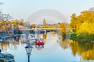 View of residential houses alongside river Dee in Chester, England