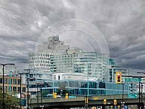 View at residetial and office buildings in Vancouver on overcast sky background