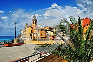 View on resort city Camogli with cloudly sky and palm
