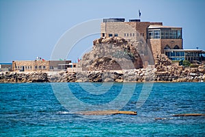 View of restaurant on the harbor of Caesarea Maritima, built on the site of the old Crusader-era citadel