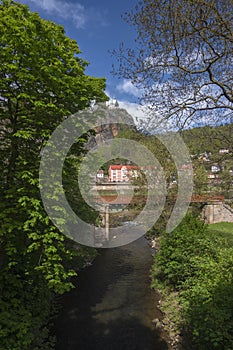 View of the restaurant on the stone rock with the river PlouÄnice