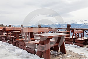 View from the restaurant to the mountains. Mountain landscape.