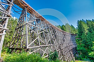 View of restored historic railroad bridge Kinsol Trestle (Koksilah River Trestle) made of wooden boards - Vancouver Island photo