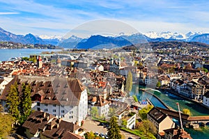 View of the Reuss river and old town of Lucerne (Luzern) city, Switzerland