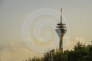 View of Rhine tower at dusk with birds flying in the background in Dusseldorf, Germany.