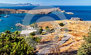 View on Rhodes island from Lindos acropolis, Greece