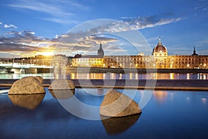 View from Rhone river in Lyon city at sunset