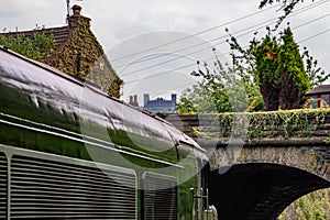 View of Riber Castle Matlock taken from Matlock Railway station with a class 44 locomotive in the station. photo