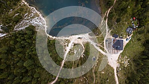 View of Rifugio Palmieri at Lake Croda da Lago. Cortina D`Ampezz