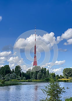 View of Riga Radio and TV Tower on the banks of the Daugava river in Riga