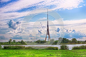 View of Riga Radio and TV Tower and cloudy sky in Riga, Latvia