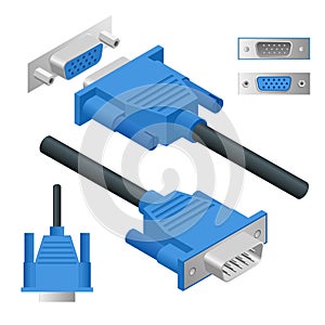 View right and isometry Video Graphics Array VGA connector vector illustration