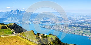 View from Rigi mountain on Swiss Alps, Lake Lucerne and Pilatus mountains panorama in Switzerland