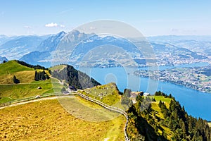 View from Rigi mountain on Swiss Alps, Lake Lucerne and Pilatus mountains in Switzerland