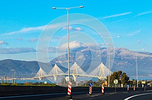 View from Rio of Rioâ€“Antirrio bridge one of the world`s longest multi-span cable-stayed bridges and longest of the fully suspend