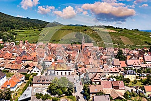 View of Riquewihr village and vineyards on Alsatian Wine Route, France. Most beautiful villages of France, Riquewihr in Alsace,