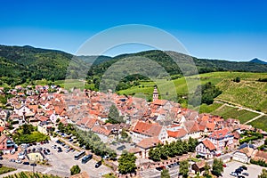 View of Riquewihr village and vineyards on Alsatian Wine Route, France. Most beautiful villages of France, Riquewihr in Alsace,