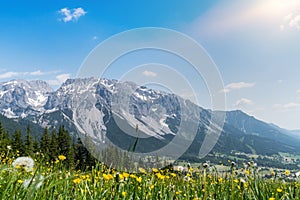 View from Rittisberg mountain on Dachstein am Ramsau mountains in Alps in Austria.