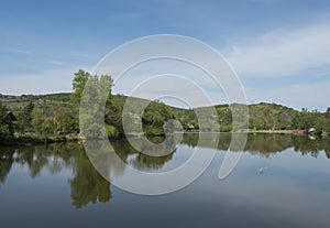 View on river Berounka from pedestrial bridge from village Zadni Treban to Hlasna treban in central Bohemian region