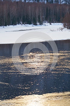 View of the river Biya in winter. Snow and birch forest on the river bank. Altai