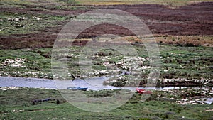 View of a river with blue and red fishing boats full of colorful vegetation in Galicia, Spain