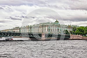 A view from river bus on the Neva river. The Dvortsovy Palace bridge and the Hermitage.