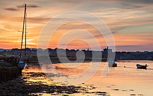 View on River Coquet at Amble on the coast of Northumberland at sunset.