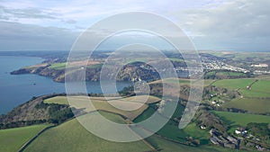 View of River Dart, Meadows and Fields over Kingswear and Dartmouth from a drone, Devon, England