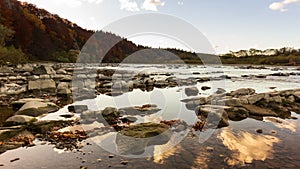 View of the river flowing from the mountain waterfall. Forest river in the mountains. Mountain forest river view