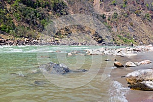 View on the river Ganges near Laxman Jhula in India