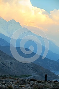 View of the river and the gorge of Kali Gandak on a sunrise background. The Kaligandak gorge is the deepest gorge in the world.