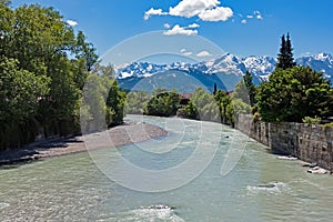 View of the river Loisach in the village Farchant in Upper Bavaria, Germany