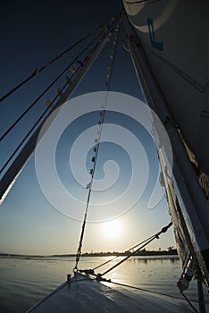 View of river nile in Egypt from sailing boat at sunset