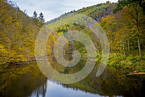 View on the river Ourthe in the Belgian national park Two Ourthes in the Ardennes of Wallonia, Belgium during autumn